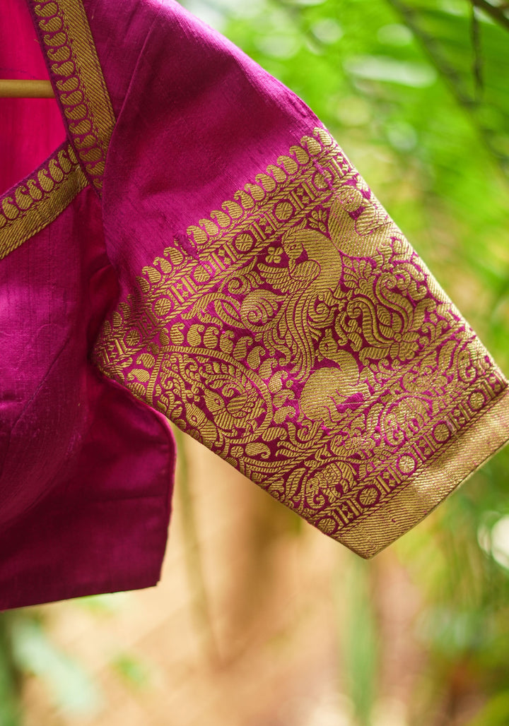 Pure Raw Silk Blouse with Vanasingaram Zari Sleeves and diamond neck in Rani Pink