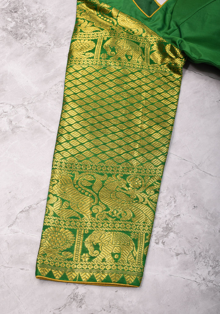 16" Zari Sleeves Silk Blouse in Green with Zari  Sleeve | Made to Order