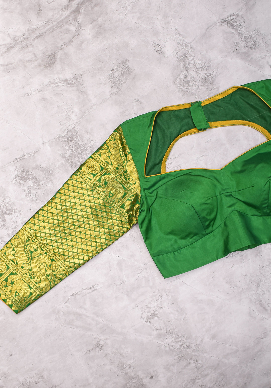 16" Zari Sleeves Silk Blouse in Green with Zari  Sleeve | Made to Order