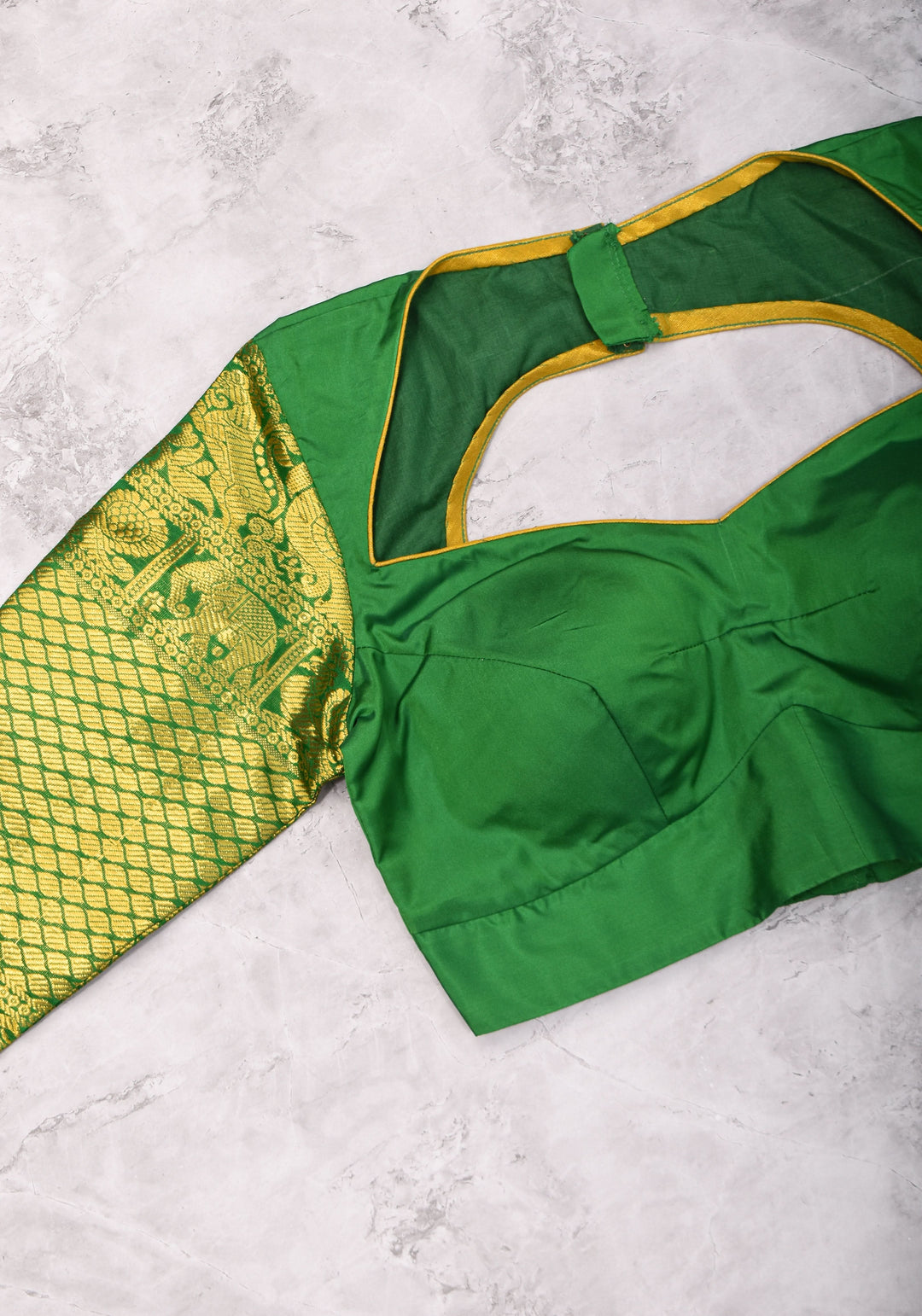 16" Zari Sleeves Silk Blouse in Green with Zari  Sleeve | Made to Order