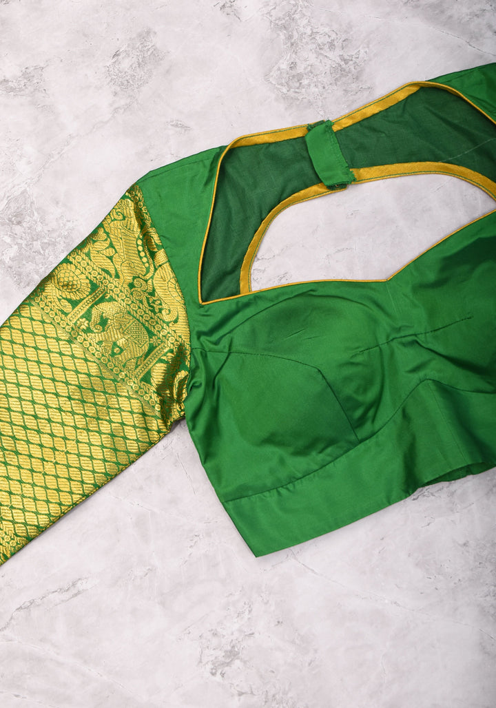 16" Zari Sleeves Silk Blouse in Green with Zari  Sleeve | Made to Order