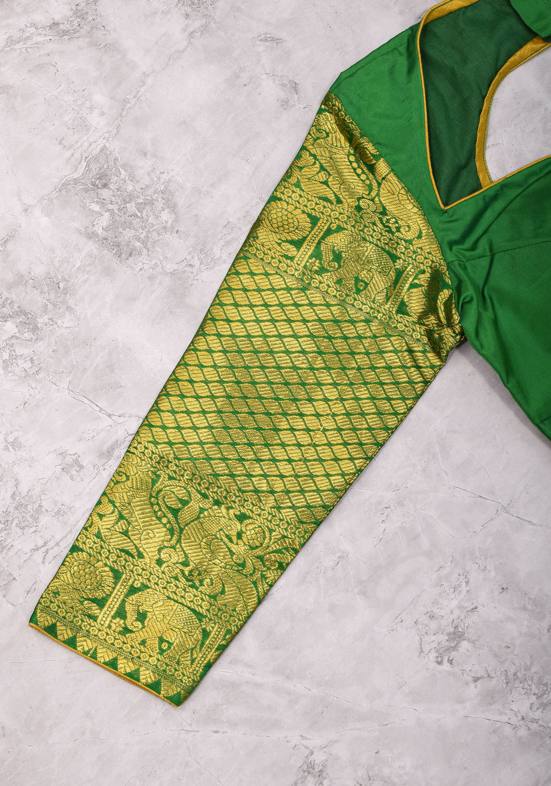 16" Zari Sleeves Silk Blouse in Green with Zari  Sleeve | Made to Order