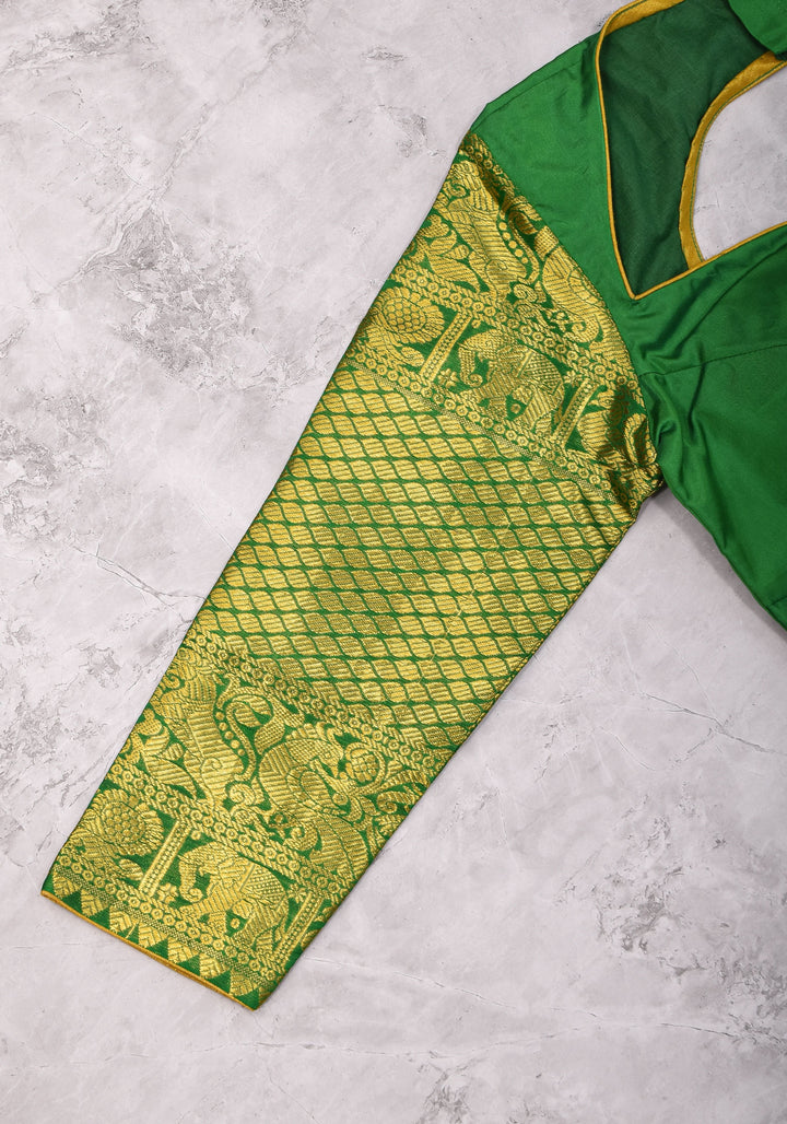 16" Zari Sleeves Silk Blouse in Green with Zari  Sleeve | Made to Order