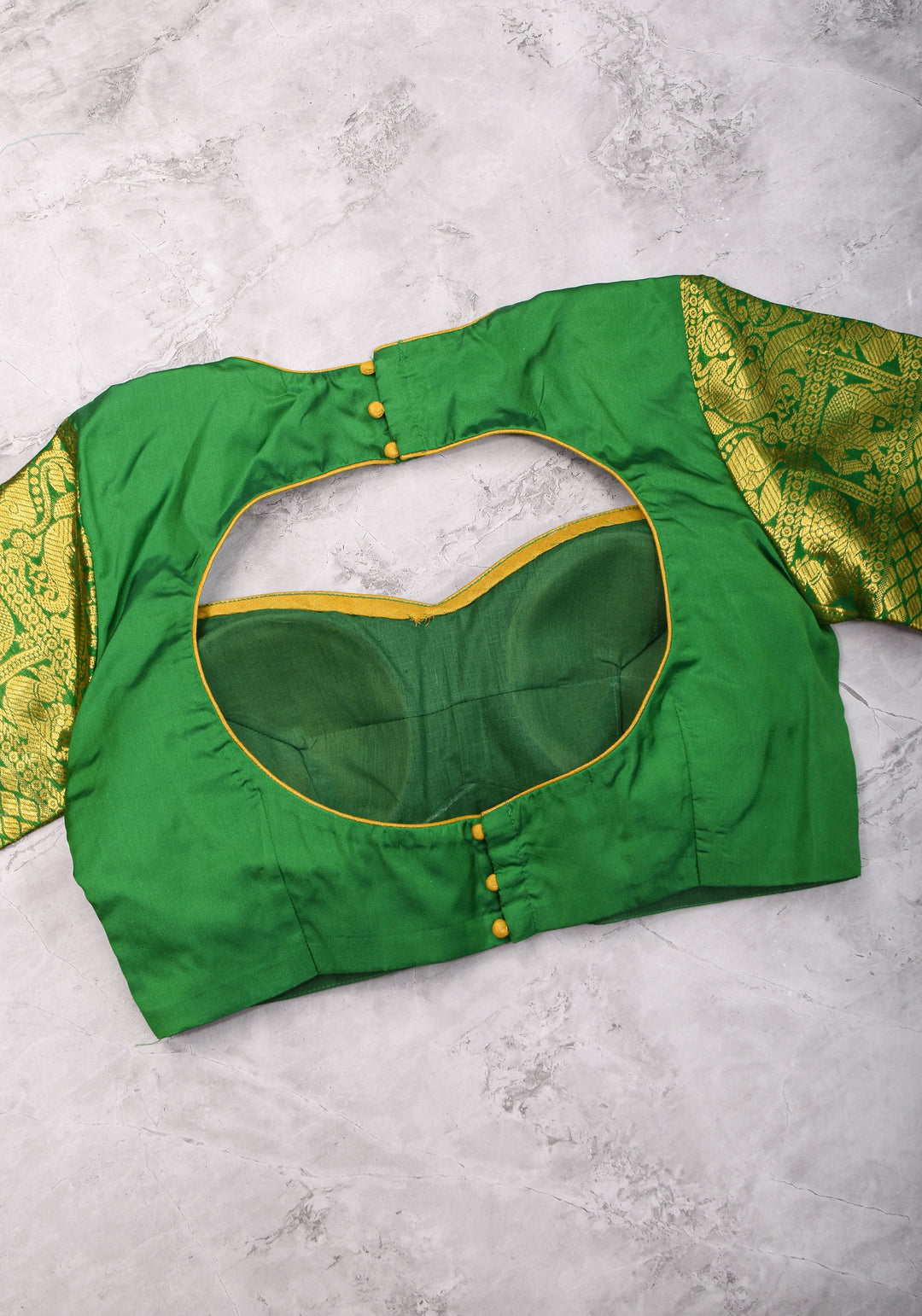 16" Zari Sleeves Silk Blouse in Green with Zari  Sleeve | Made to Order