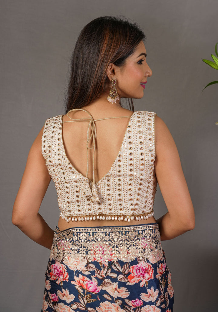 Ivory and Gold Mix and Match Blouse with Foil Mirror Work and dangling beads