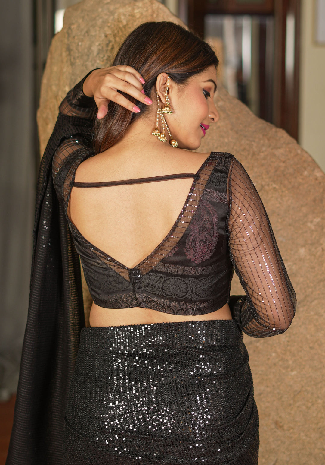 Stunning Black Net Blouse with Sheer Yoke and self tone sequins on net sleeves! | SHOBITAM