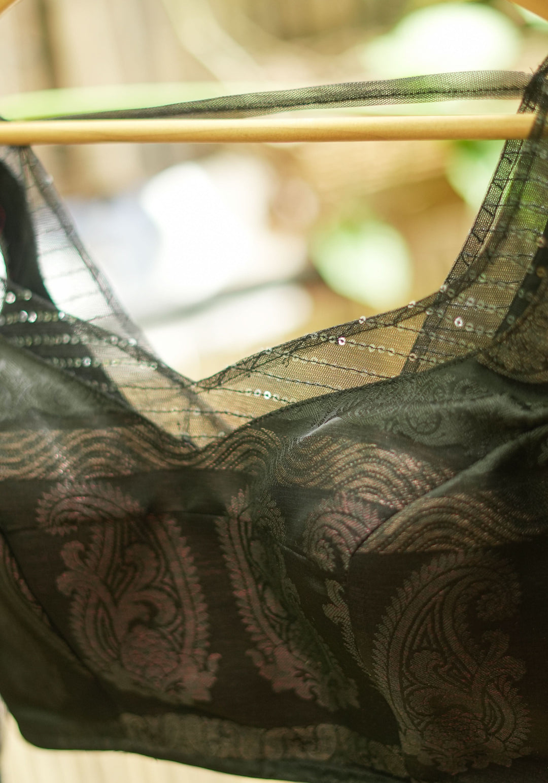 Stunning Black Net Blouse with Sheer Yoke and self tone sequins on net sleeves! | SHOBITAM