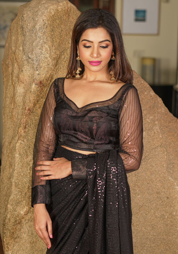 Stunning Black Net Blouse with Sheer Yoke and self tone sequins on net sleeves! | SHOBITAM