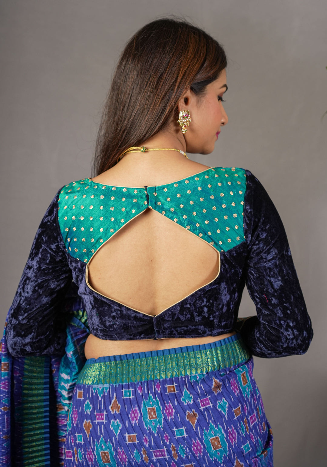 Stylish Navy Blue Crushed Velvet Blouse with Raw Silk and Brocade detailing.