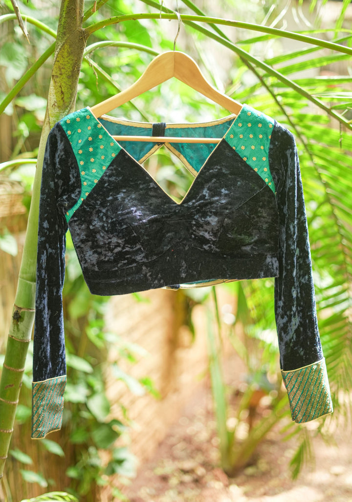 Stylish Navy Blue Crushed Velvet Blouse with Raw Silk and Brocade detailing.