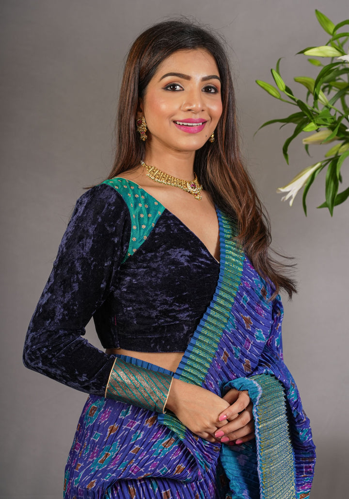Stylish Navy Blue Crushed Velvet Blouse with Raw Silk and Brocade detailing.