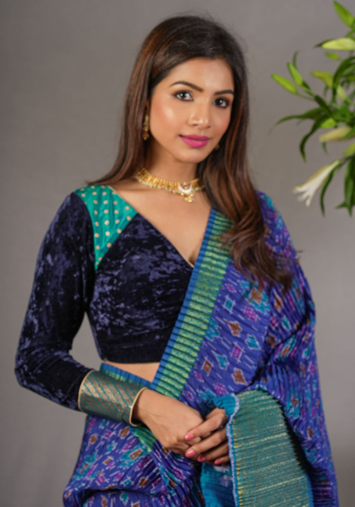 Stylish Navy Blue Crushed Velvet Blouse with Raw Silk and Brocade detailing.