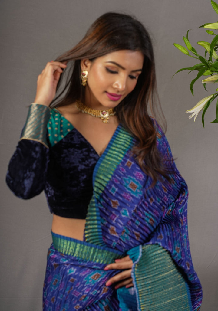 Stylish Navy Blue Crushed Velvet Blouse with Raw Silk and Brocade detailing.