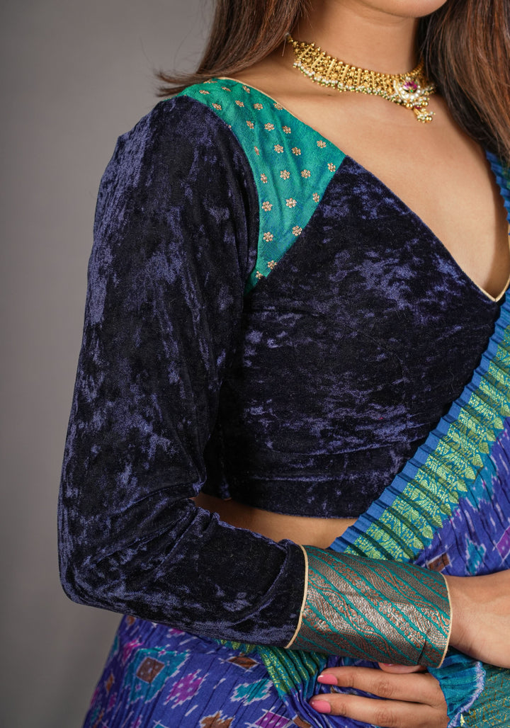 Stylish Navy Blue Crushed Velvet Blouse with Raw Silk and Brocade detailing.