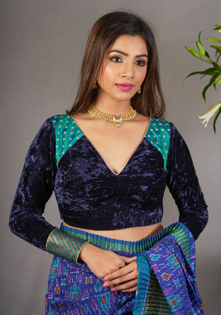 Stylish Navy Blue Crushed Velvet Blouse with Raw Silk and Brocade detailing.