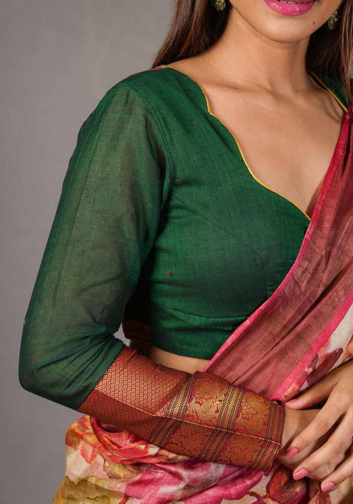 Authentic Pen Kalamkari Applique on full sleeve Narayanpet Cotton Blouse in Emerald Green | SHOBITAM
