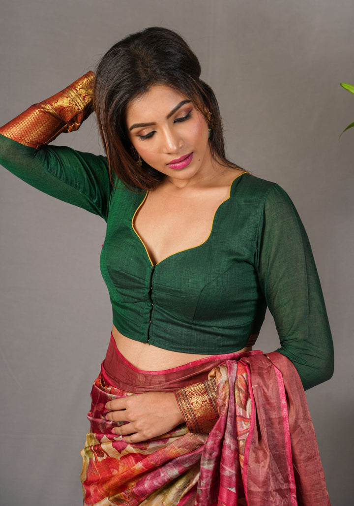 Authentic Pen Kalamkari Applique on full sleeve Narayanpet Cotton Blouse in Emerald Green | SHOBITAM