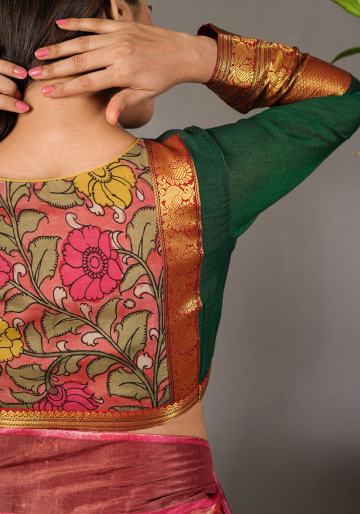Authentic Pen Kalamkari Applique on full sleeve Narayanpet Cotton Blouse in Emerald Green | SHOBITAM