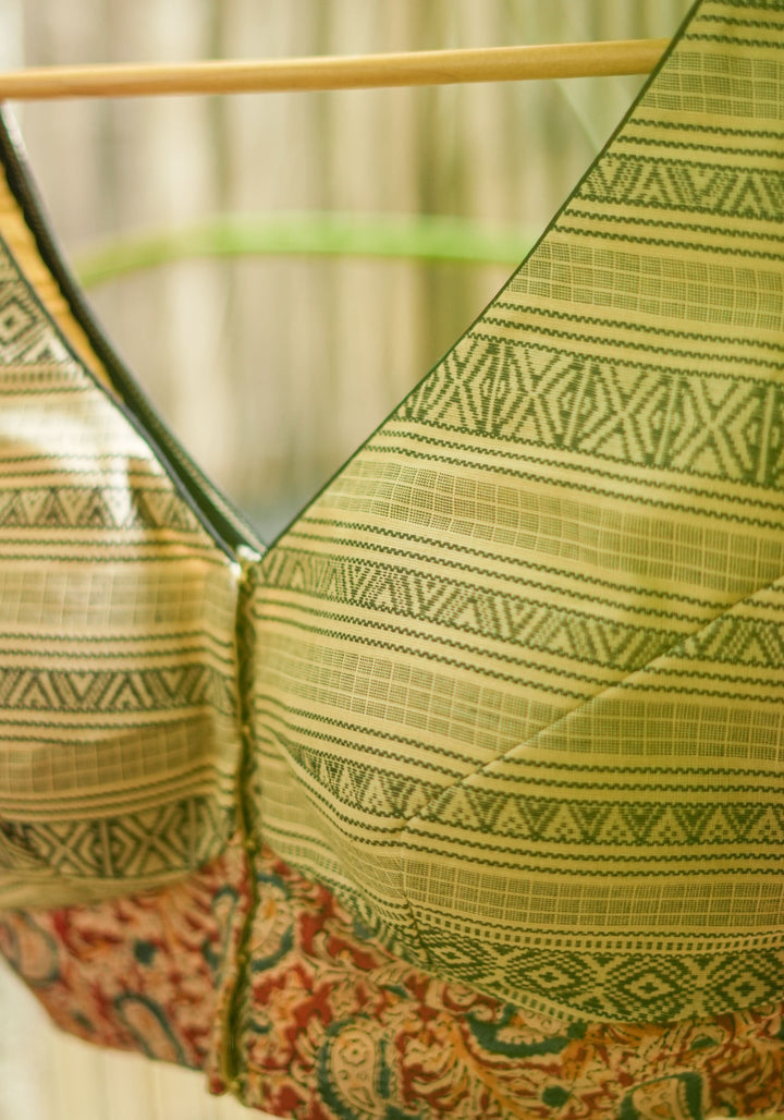 Beige and maroon Handloom Cotton and Block print Kalamkari Blouse
