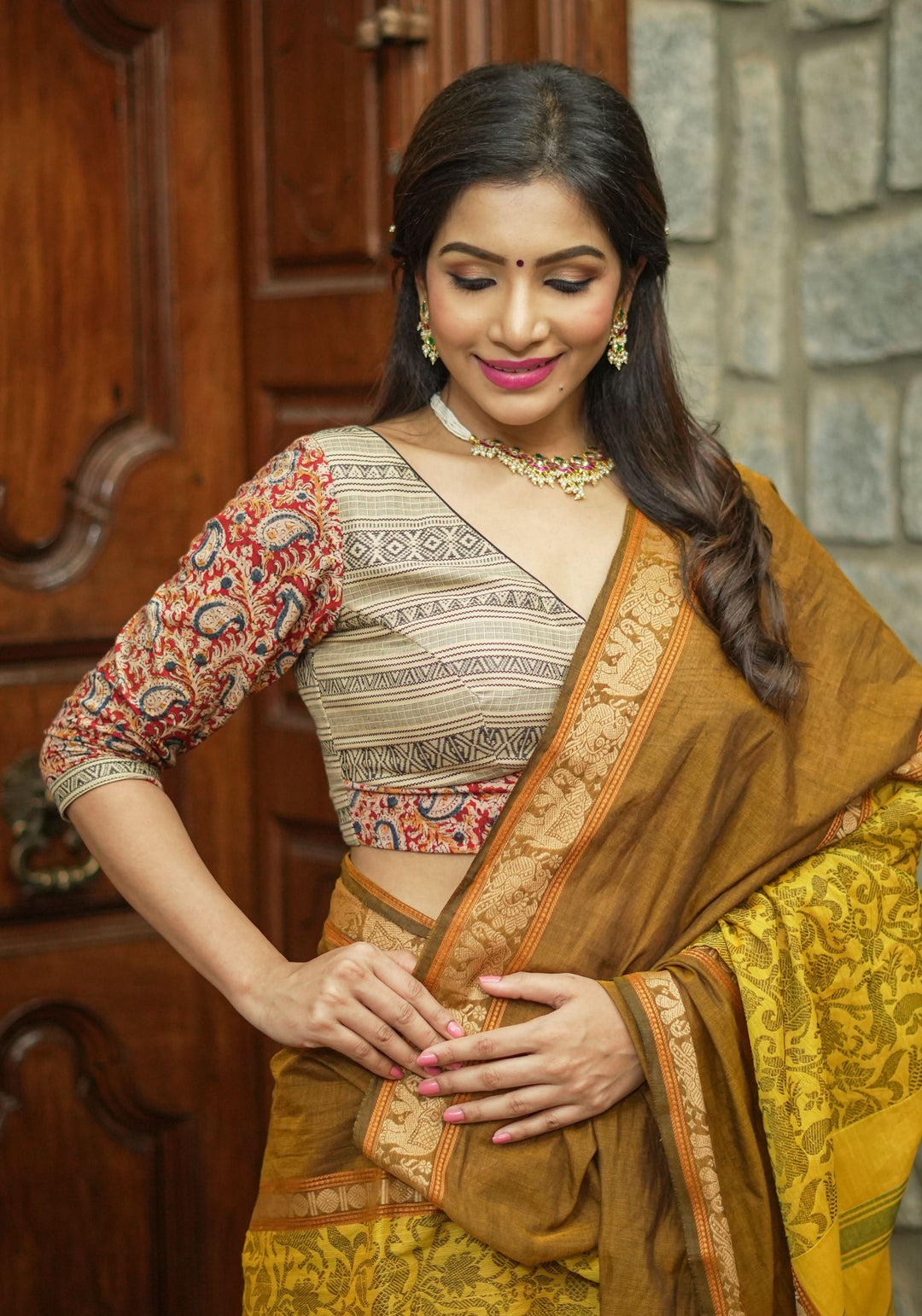 Beige and maroon Handloom Cotton and Block print Kalamkari Blouse