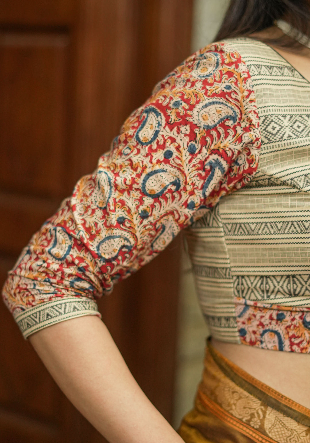 Beige and maroon Handloom Cotton and Block print Kalamkari Blouse