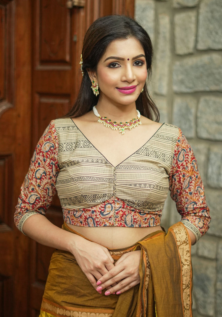 Beige and maroon Handloom Cotton and Block print Kalamkari Blouse