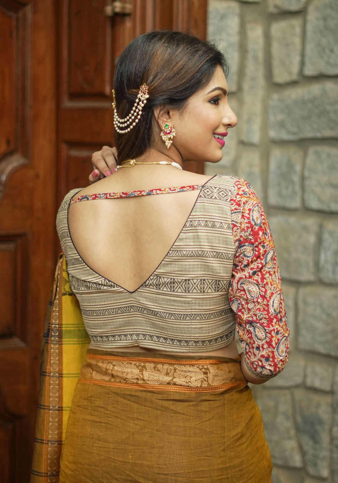 Beige and maroon Handloom Cotton and Block print Kalamkari Blouse