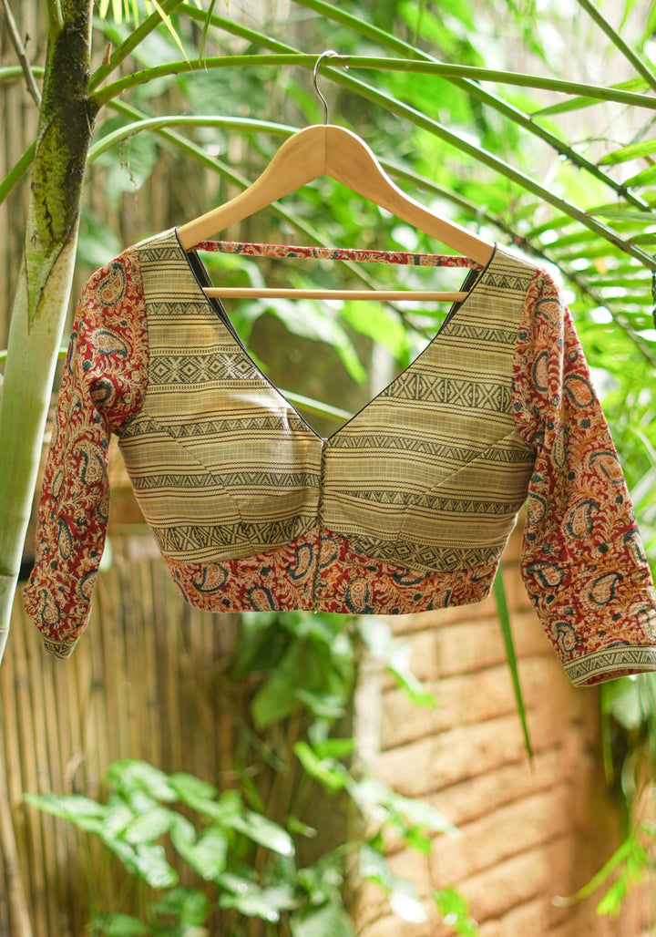 Beige and maroon Handloom Cotton and Block print Kalamkari Blouse