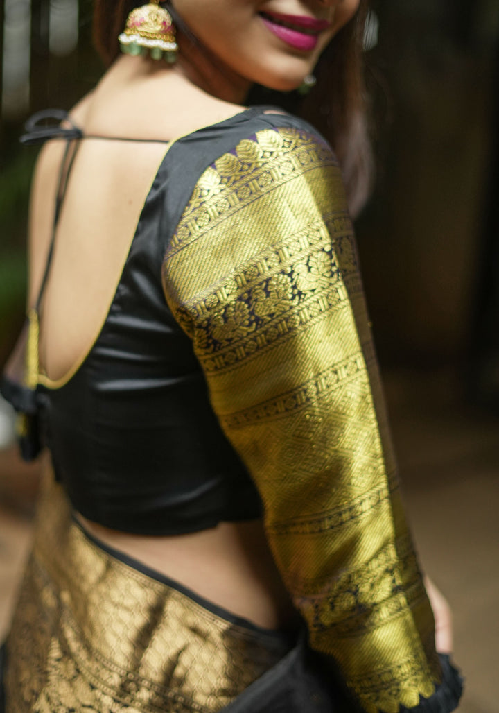 16" Zari Sleeves Kanjivaram  Silk Blouse in Black & Gold | Made to Order