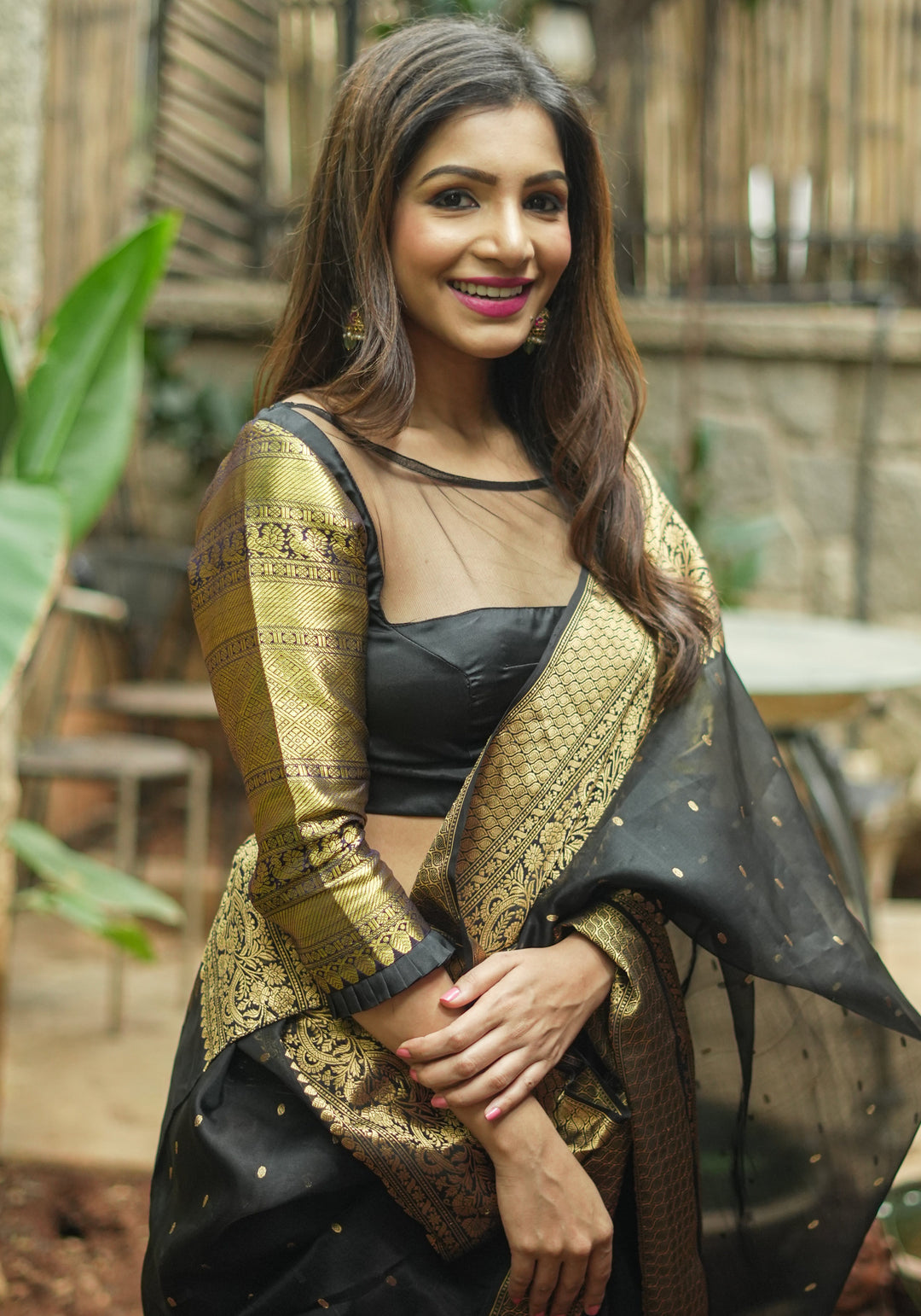 16" Zari Sleeves Kanjivaram  Silk Blouse in Black & Gold | Made to Order