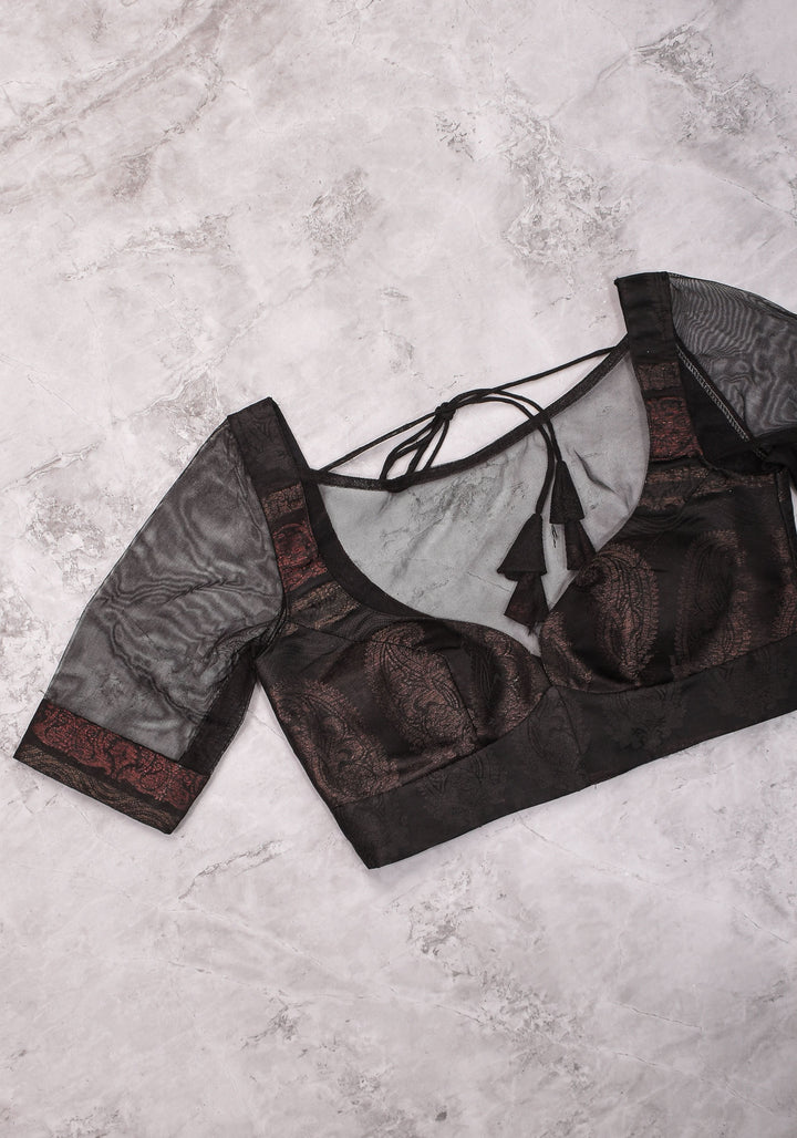SIZE 32 Stunning Black Net Blouse with Sheer Yoke And net sleeves!