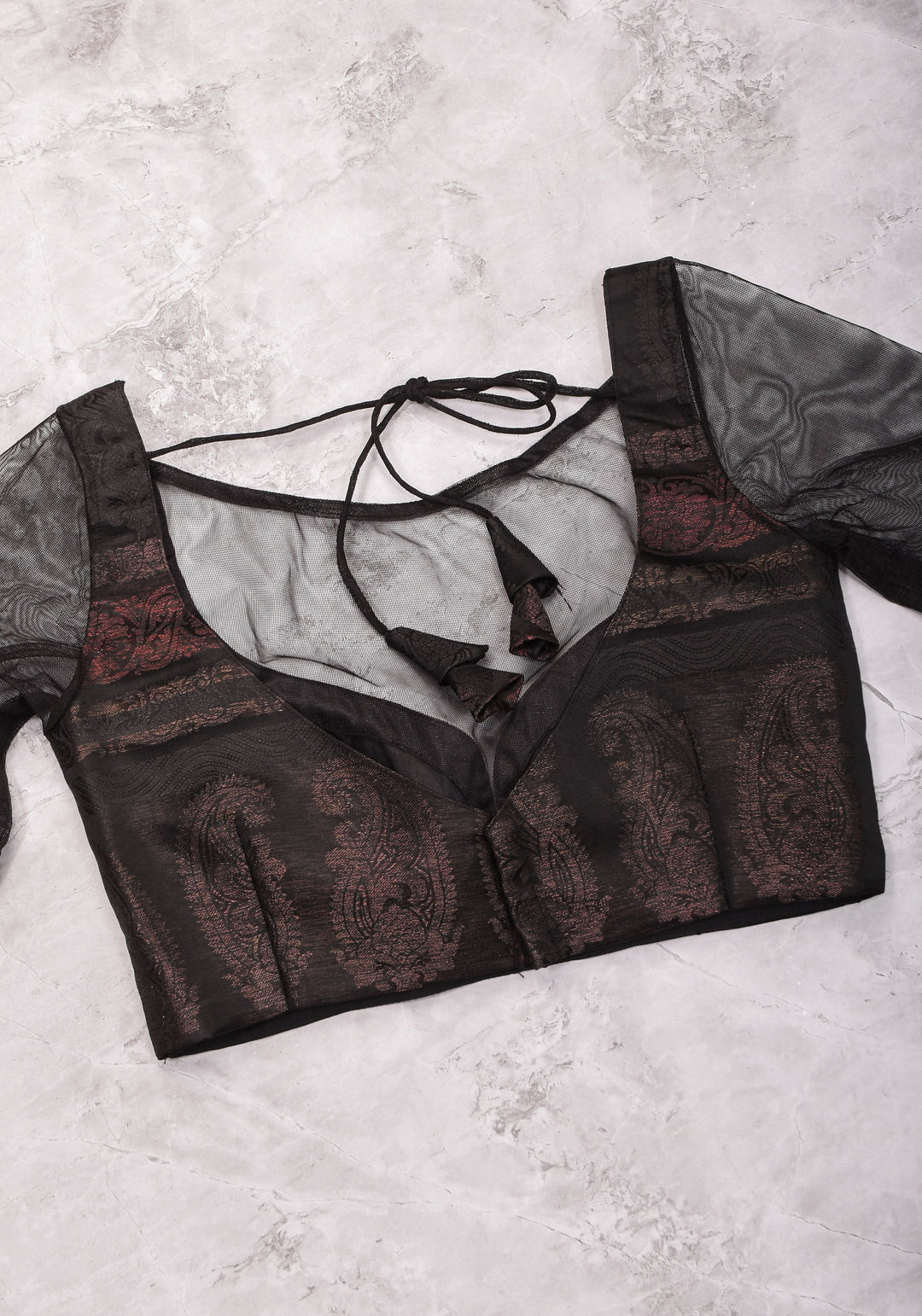 SIZE 32 Stunning Black Net Blouse with Sheer Yoke And net sleeves!