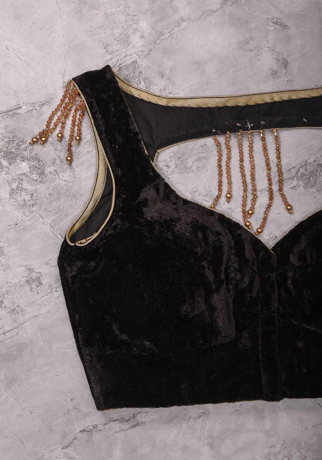 Velvet leaf neck Blouse with crystal beads detailing in black
