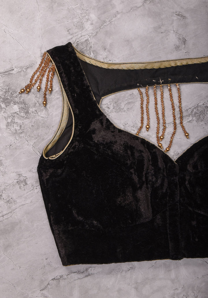 Velvet leaf neck Blouse with crystal beads detailing in black
