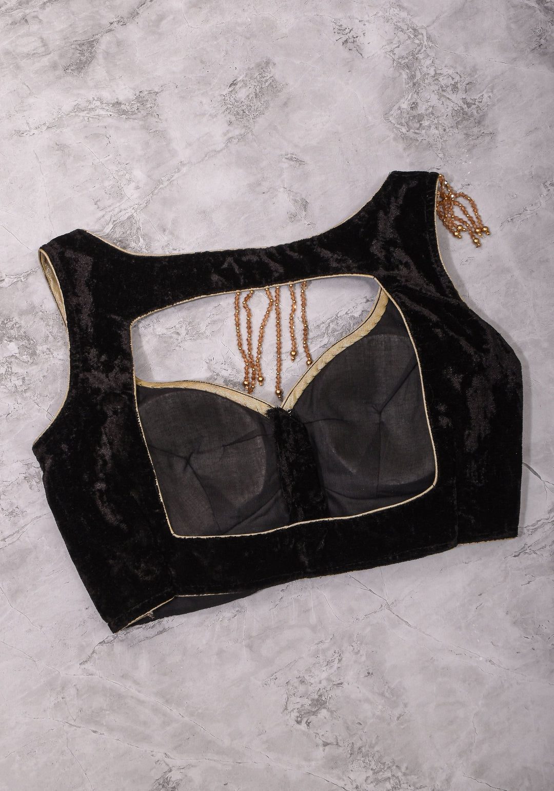 Velvet leaf neck Blouse with crystal beads detailing in black