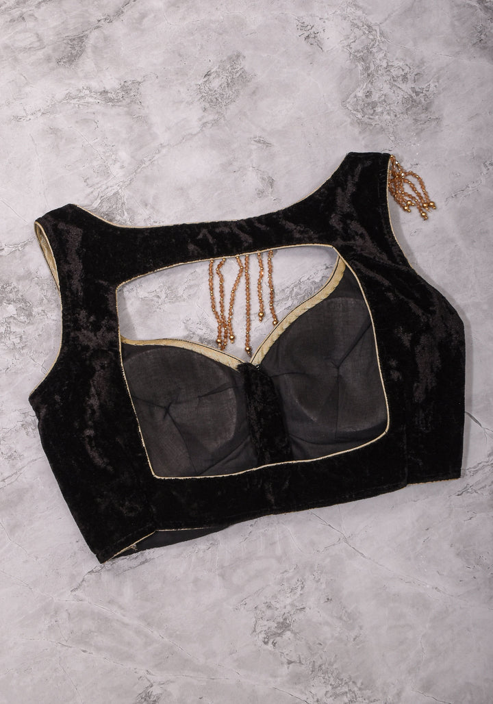 Velvet leaf neck Blouse with crystal beads detailing in black