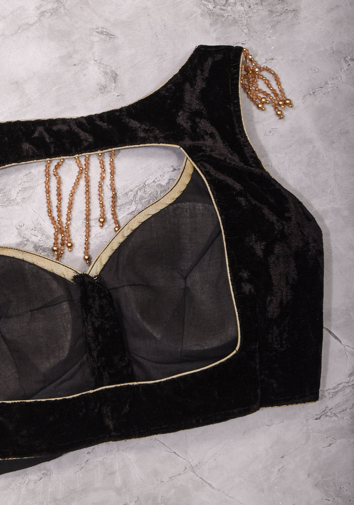 Velvet leaf neck Blouse with crystal beads detailing in black
