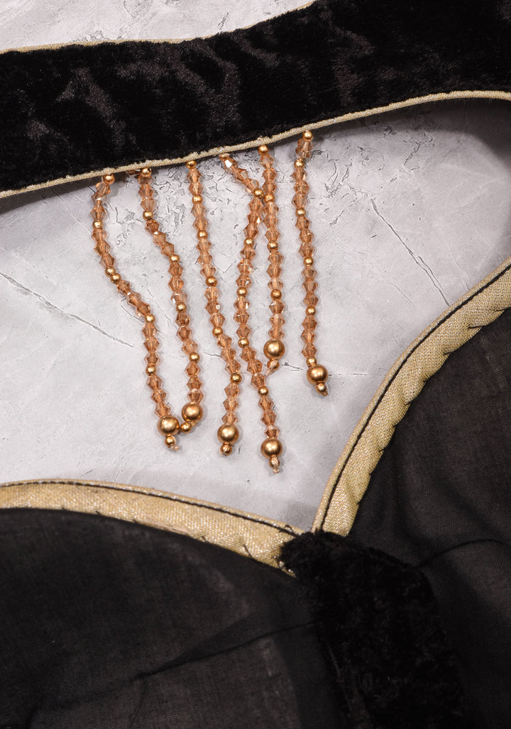 Velvet leaf neck Blouse with crystal beads detailing in black
