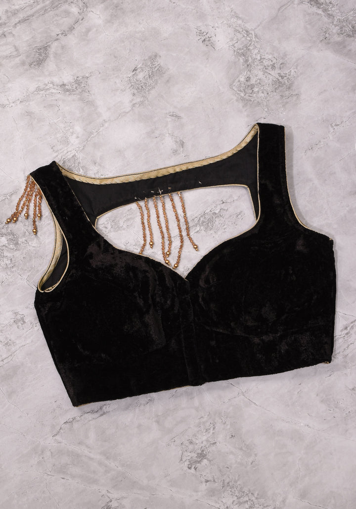 Velvet leaf neck Blouse with crystal beads detailing in black