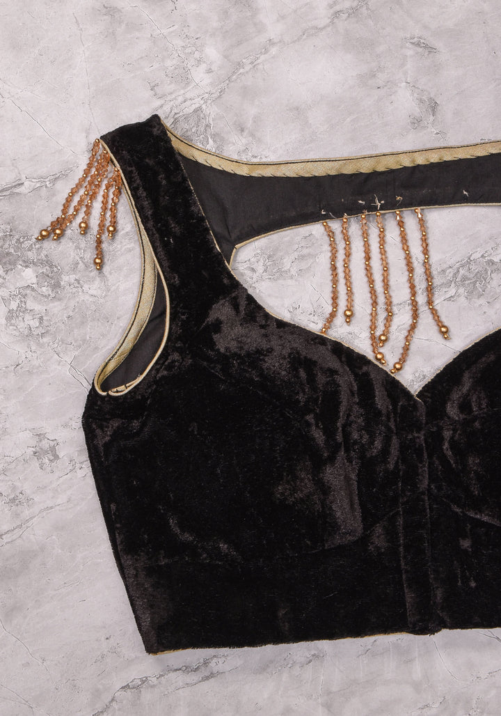 Velvet leaf neck Blouse with crystal beads detailing in black