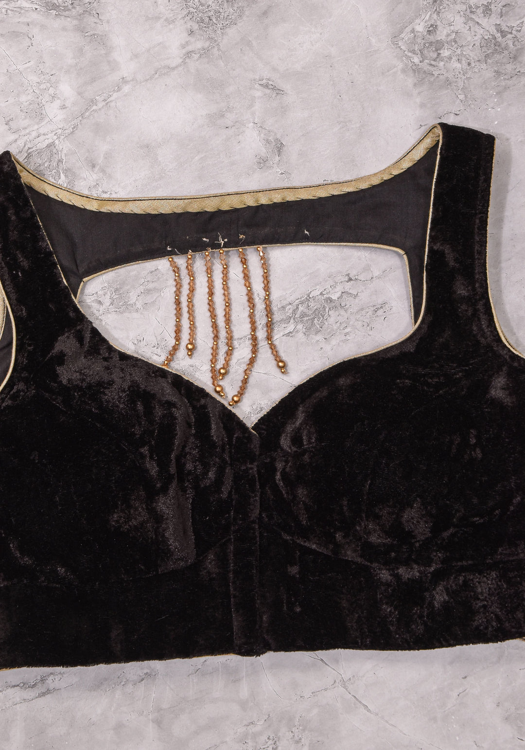 Velvet leaf neck Blouse with crystal beads detailing in black