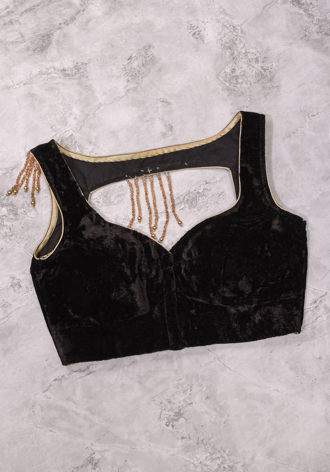 Velvet leaf neck Blouse with crystal beads detailing in black