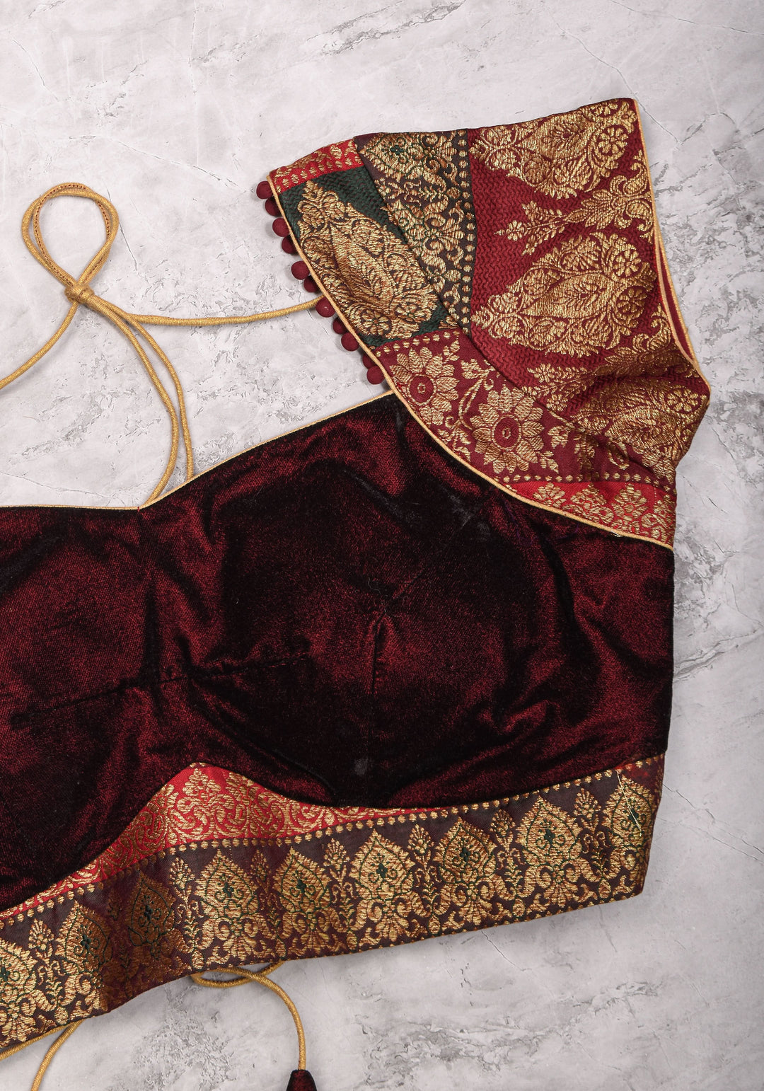 Burgundy Velvet and Banarasi brocade Sweetheart neck blouse, with potli button detailing on neckline, Made to Order