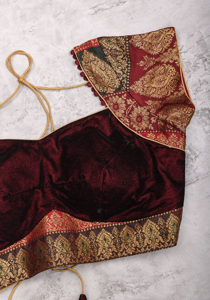 Burgundy Velvet and Banarasi brocade Sweetheart neck blouse, with potli button detailing on neckline, Made to Order