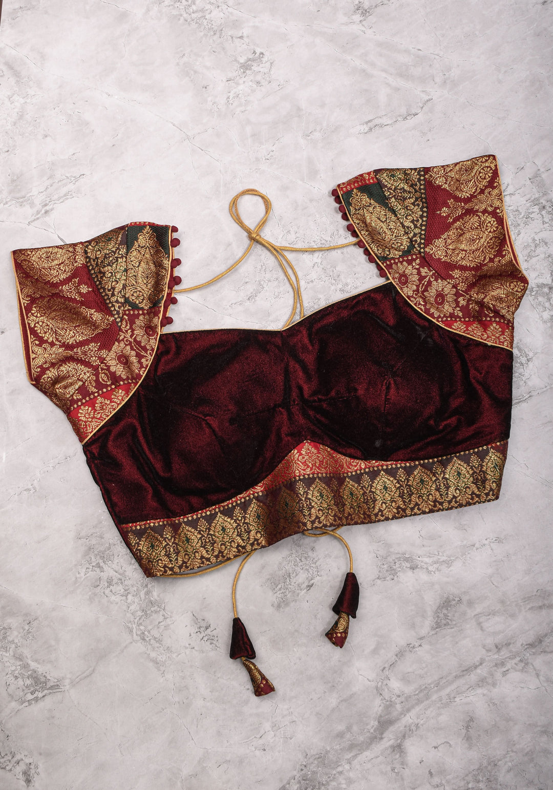 Burgundy Velvet and Banarasi brocade Sweetheart neck blouse, with potli button detailing on neckline, Made to Order