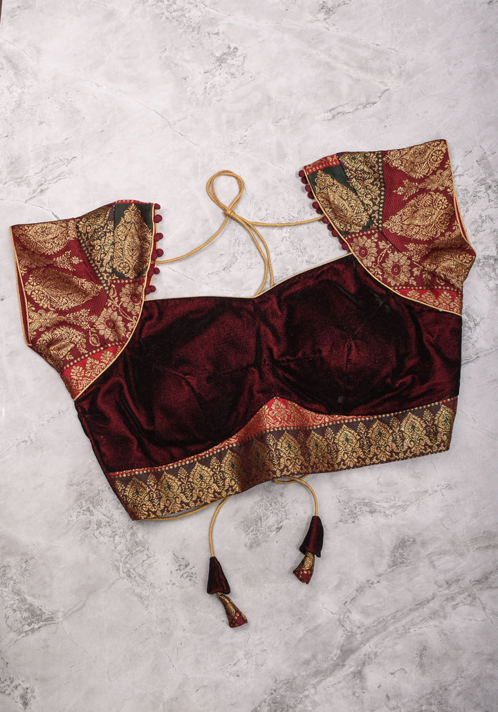 Burgundy Velvet and Banarasi brocade Sweetheart neck blouse, with potli button detailing on neckline, Made to Order