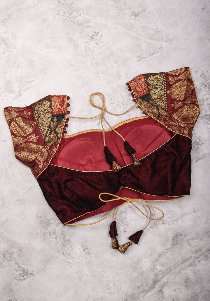 Burgundy Velvet and Banarasi brocade Sweetheart neck blouse, with potli button detailing on neckline, Made to Order