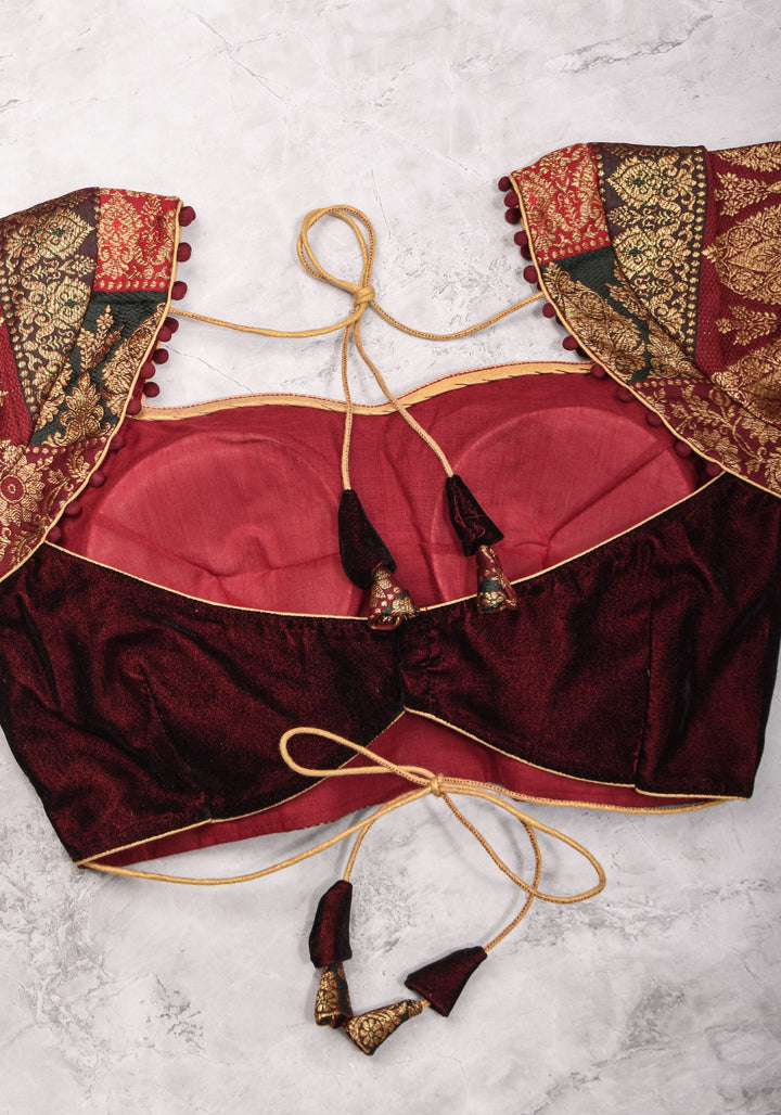 Burgundy Velvet and Banarasi brocade Sweetheart neck blouse, with potli button detailing on neckline, Made to Order