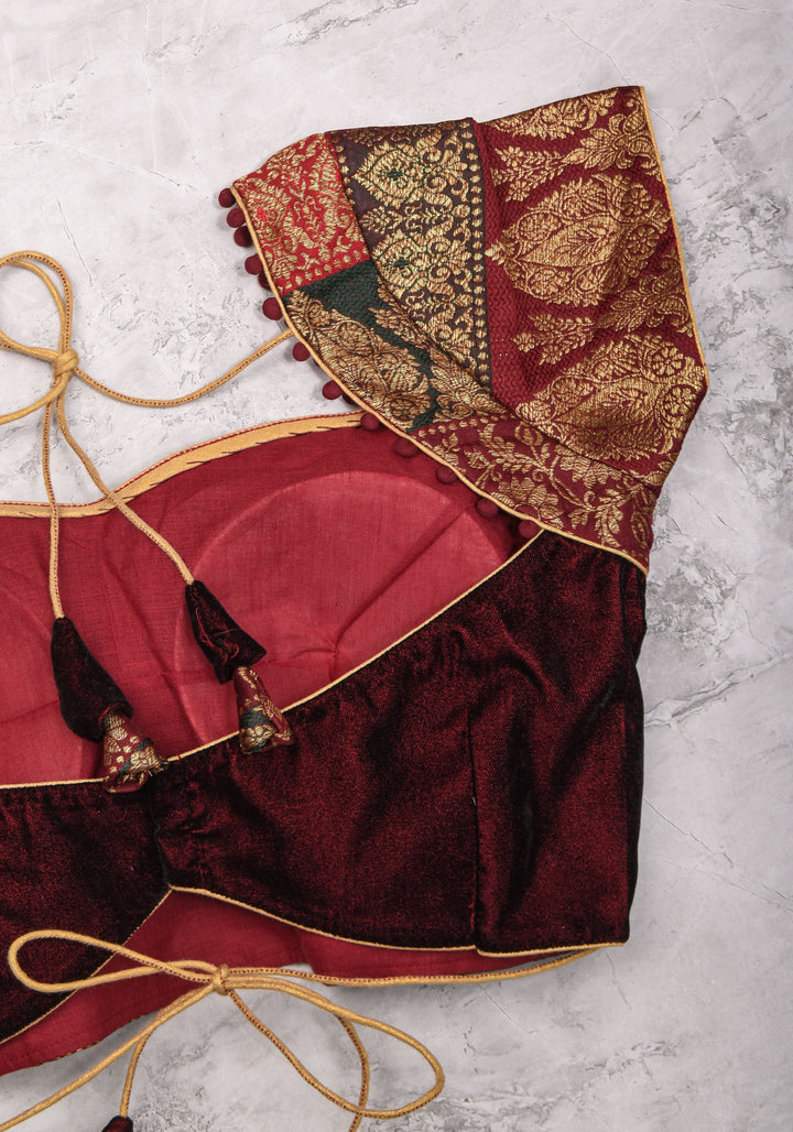 Burgundy Velvet and Banarasi brocade Sweetheart neck blouse, with potli button detailing on neckline, Made to Order