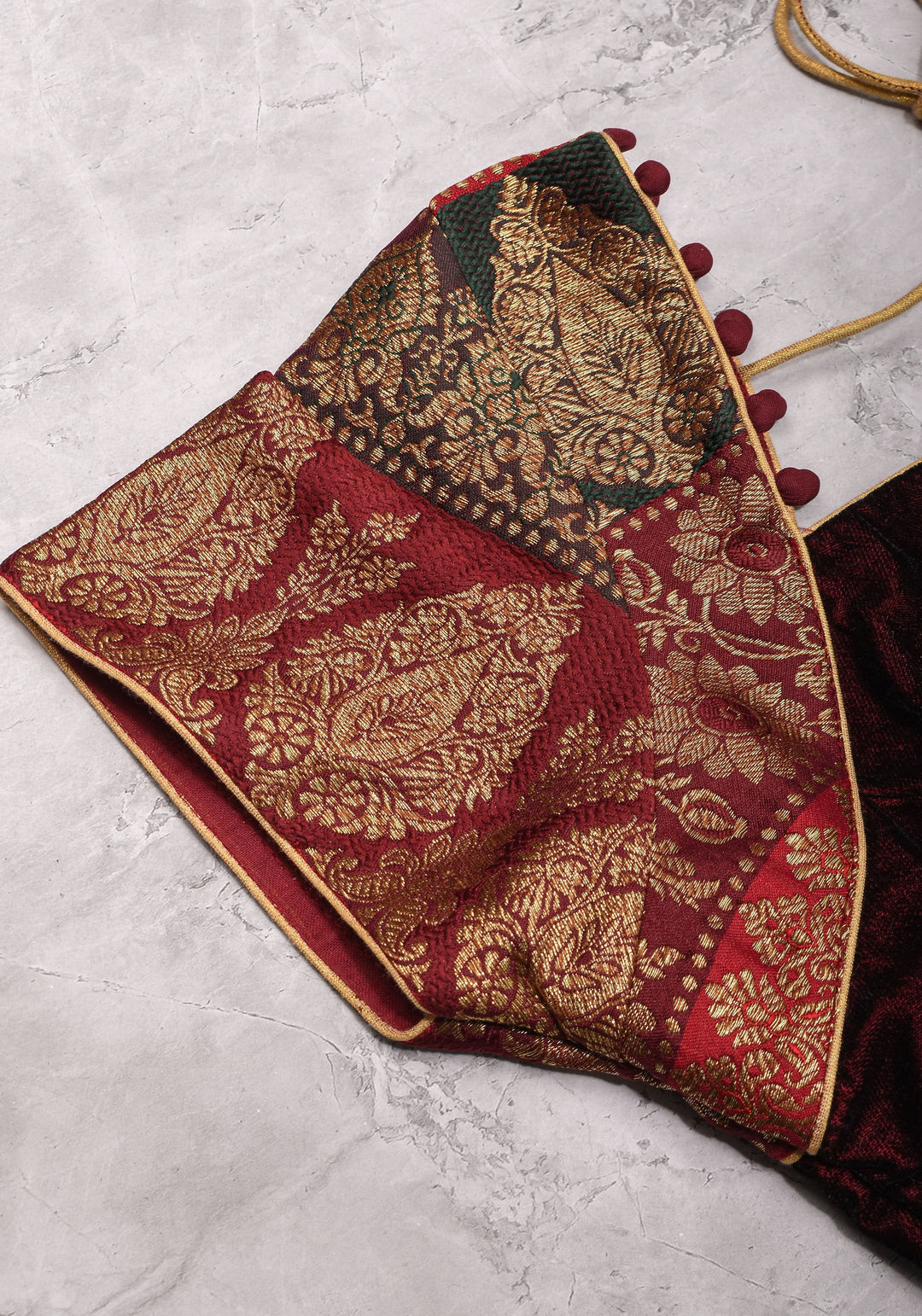 Burgundy Velvet and Banarasi brocade Sweetheart neck blouse, with potli button detailing on neckline, Made to Order